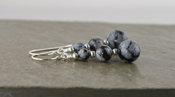 Golden Heaven Natural Snowflake Obsidian Earrings – Black Gray Dots, 925 Sterling Silver Hooks, Dangle