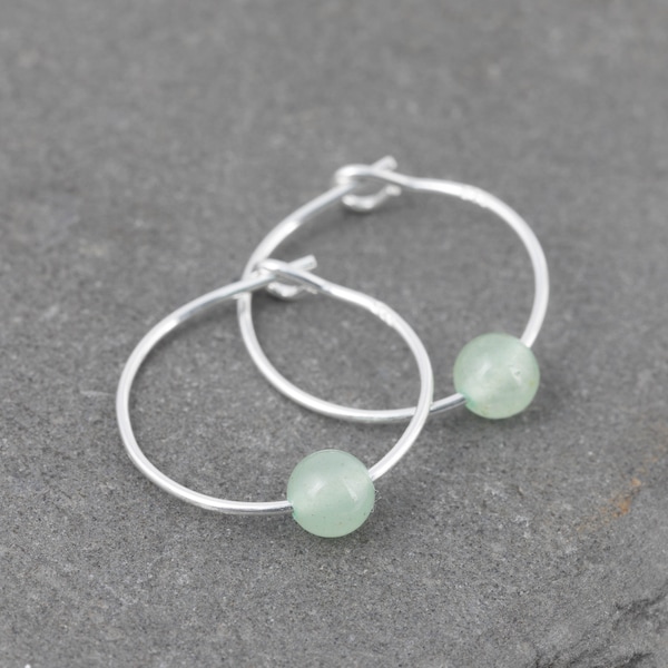 Boho Tiny Green Aventurine Edelsteen & 15mm Sterling Zilveren Hoepel Oorbellen met Geschenkdoos