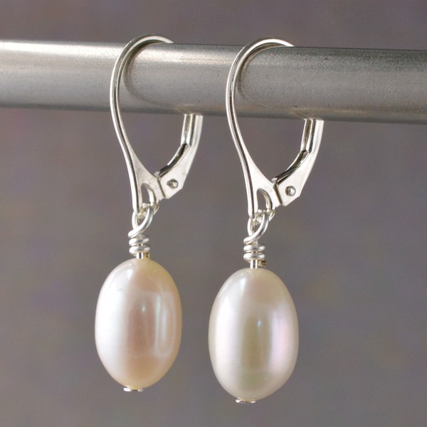 White Freshwater Pearl & Sterling Silver Leverback Drop Earrings with Gift Box