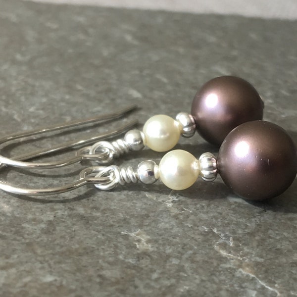 Velvet Chocolate Brown & Cream Swarovski Crystal Pearl Sterling Silver Hook Drop Earrings with Gift Box - Bridesmaid