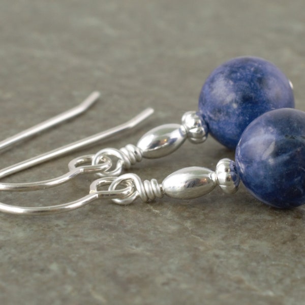 Denim Blue Sodalite Gemstone & Sterling Silver Drop Earrings with Gift Box - LG7