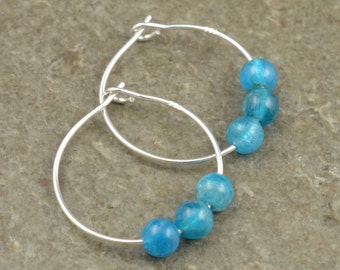 Ocean Blue Apatite Gemstone - 20mm Sterling Silver Hoop Earrings with Gift Box - Genuine, Real