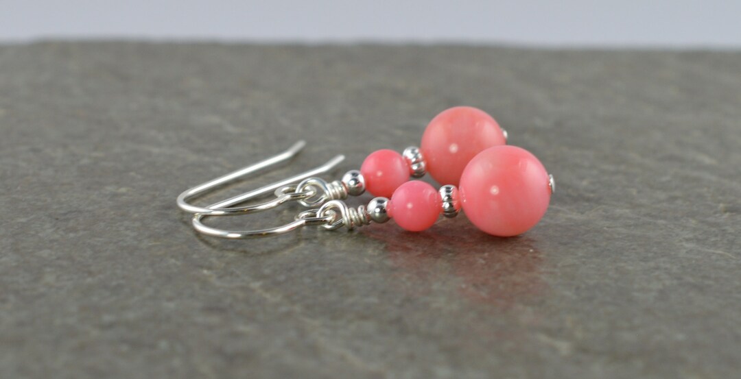 Natural Salmon Pink Coral Gemstones & Sterling Silver Drop Earrings