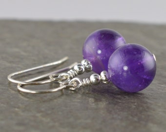Large 10mm Amethyst Gemstone & Sterling Silver Drop Earrings with Gift Box - LG4 - February Birthstone