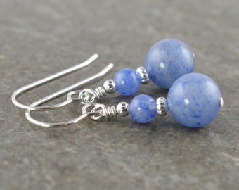 Light Denim Blue Aventurine Gemstones & Sterling Silver Drop Earrings with Gift Box