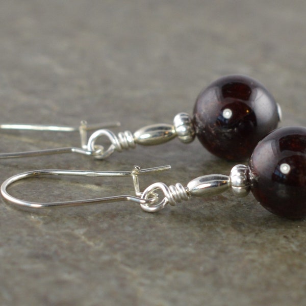 Dark Red Garnet Natural Stone Gemstone & Sterling Silver Drop Earrings - Kidney Wire - Gift Box - January Birthstone