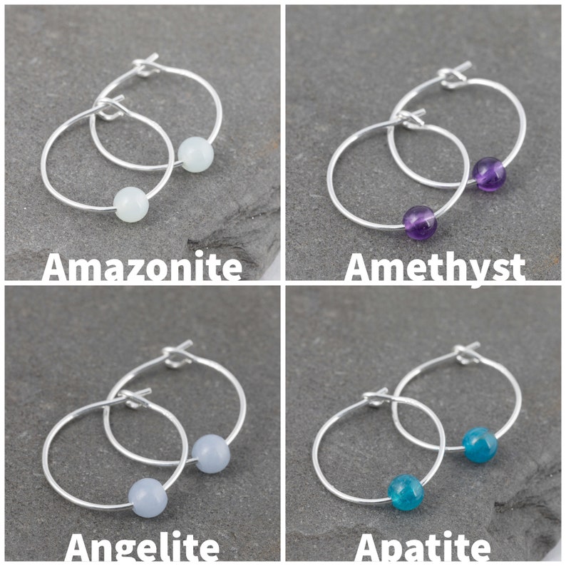 Tiny 15mm Hoop Sterling Silver Earrings Choose Your Own Gemstone With Gift Box Small Boho Style image 2