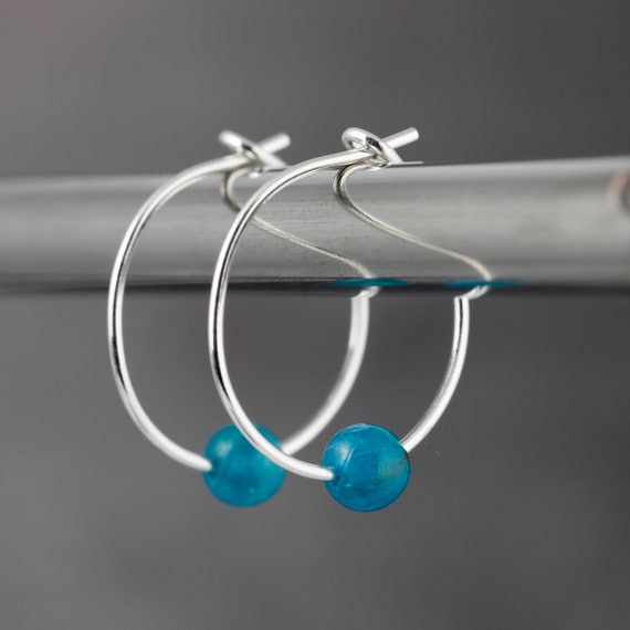 Tiny Ocean Blue Apatite Gemstone & 15mm Sterling Silver Hoop Earrings With  Gift Box Genuine Real - Etsy