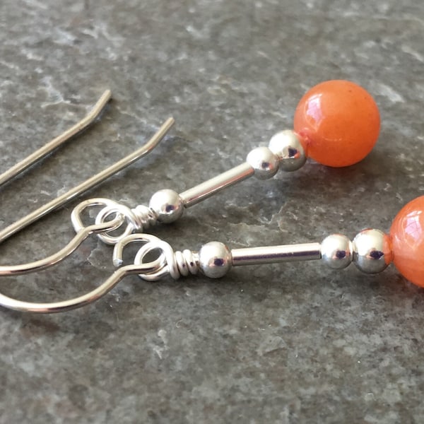 Simple Orange / Red Aventurine Gemstone & Sterling Silver Drop Earrings with Gift Box - LG2