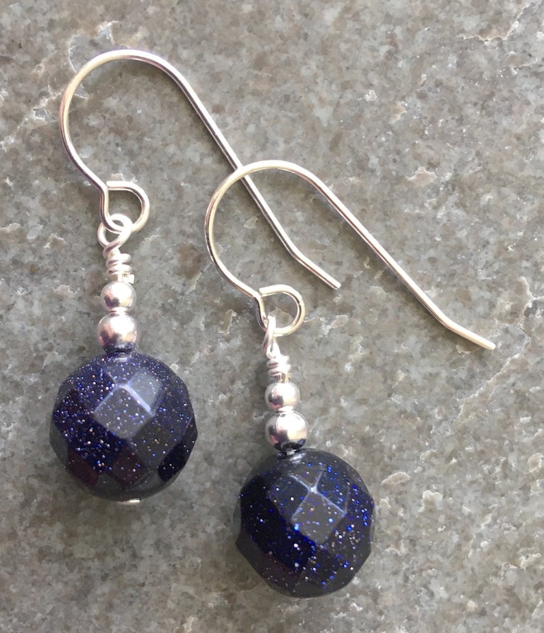 Faceted Blue Goldstone Gemstone /& Sterling Silver Drop Earrings with Gift Box