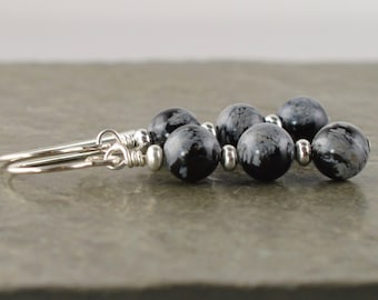 Grey & Black Snowflake Obsidian Gemstone Sterling Silver Drop Earrings with Gift Box - LG3