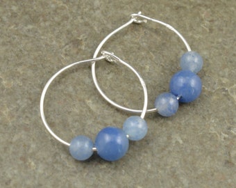 Blue Aventurine Natural Stone Gemstone & 20mm Sterling Silver Hoop Earrings with Gift Box