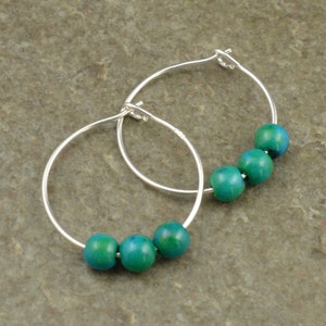 Tiny Green / Blue Azurite Chrysocolla Gemstone - 20mm Sterling Silver Hoop Earrings with Gift Box - Genuine, Real