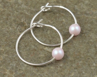 Rose Pink Swarovski Pearl Hoop Earrings | Sterling Silver Minimalist Jewelry