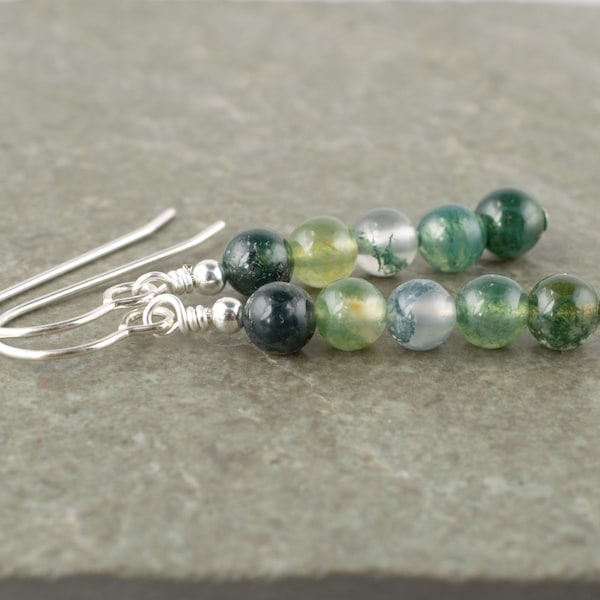 Green Moss Agate Stone Drop Earrings - Natural Gemstone Sterling Silver Dangle Earrings - Simple Jewellery for Women - Gift Box - LG1