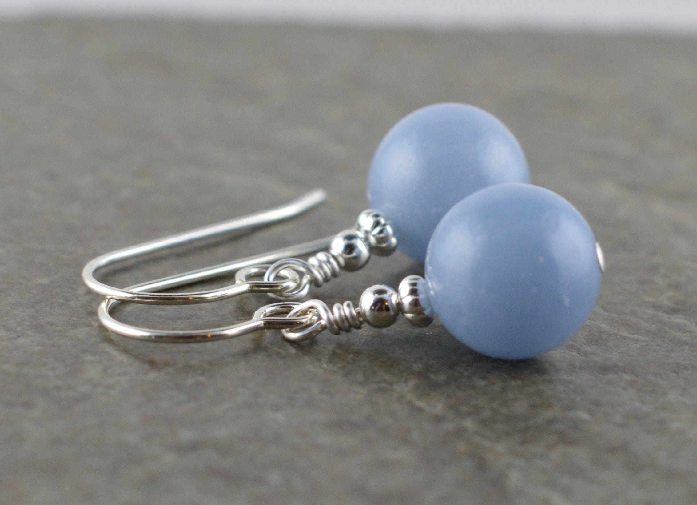 Large 10mm Pale Blue Angelite Gemstone & Sterling Silver Drop Earrings with Gift Box