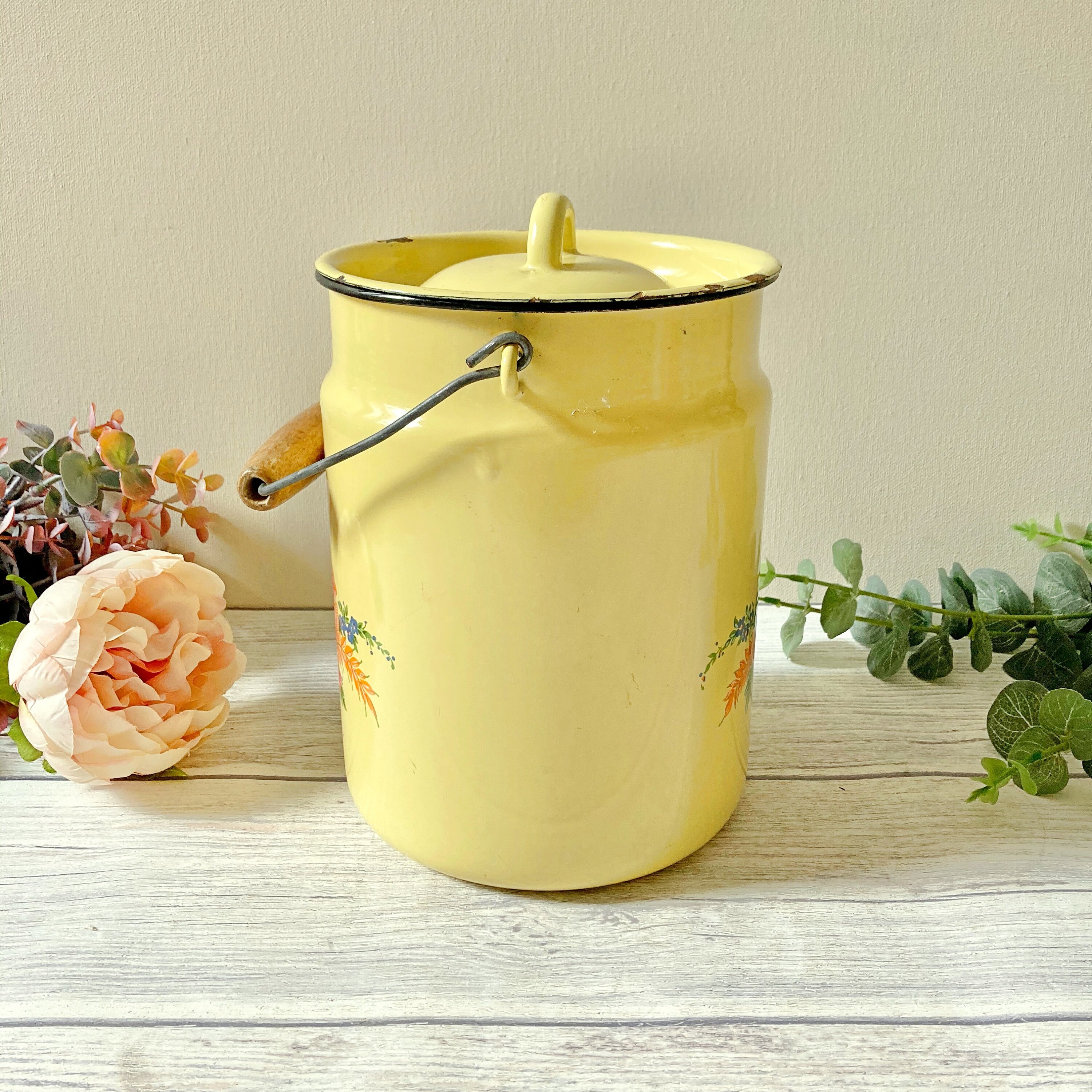 Vintage yellow enamel storage jar with lid and wooden handle Etsy