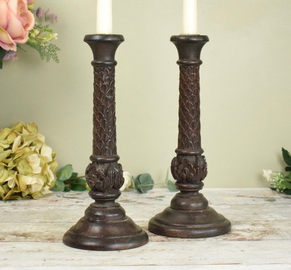 Pair of vintage wooden candlesticks chunky dark carved wood Etsy