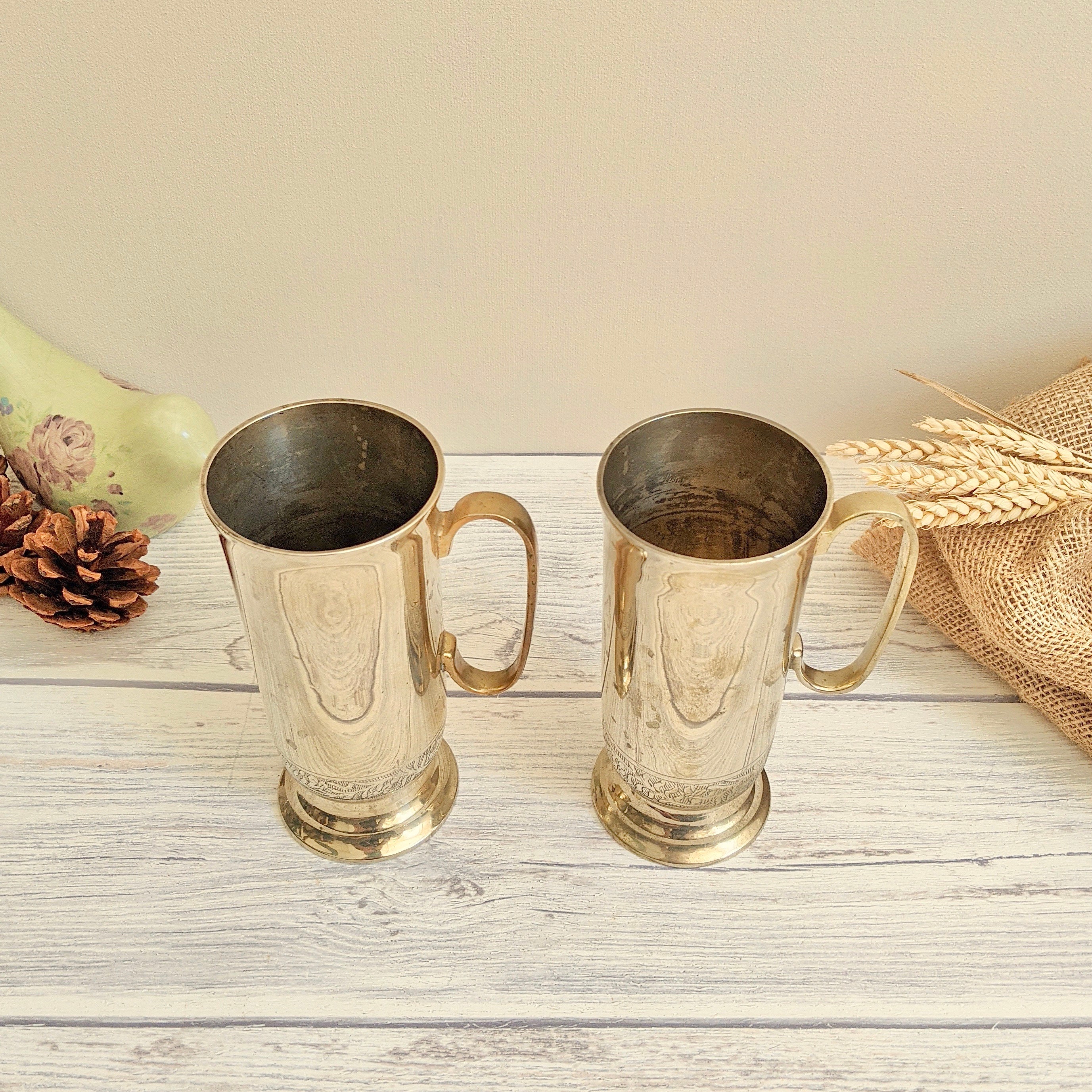 Set of two silver plated brass mugs or tankards with engraved Etsy