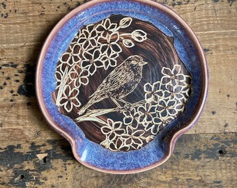 RUSTIC Bird & Lilacs spoon rest, handmade hand carved pottery spoon rest, kitchen art