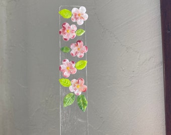 Glass pink blossoms plant stake, fused glass plant stake