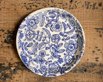 Blue floral Trinket Dish, modern drawn florals trinket dish