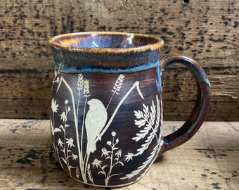 17 oz. Echinacea Evening Hand carved Mug, Bird and flowers Coffee Mug, Wheel thrown Mug,