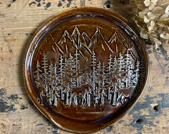 Moose Forest spoon rest, handmade hand spoon rest, kitchen art, ceramic spoon rest