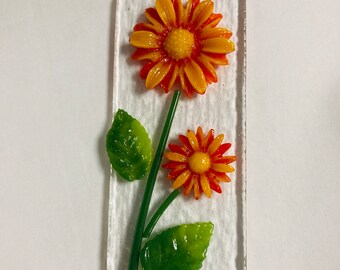 Glass orange yellow Daisy plant stake, fused glass plant stake