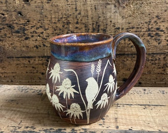 18 oz. Echinacea Evening Hand carved Mug, Bird and flowers Coffee Mug, Wheel thrown Mug,