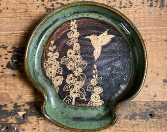 RUSTIC Emerald Hollyhocks and hummingbird spoon rest, handmade hand carved pottery spoon rest, kitchen art