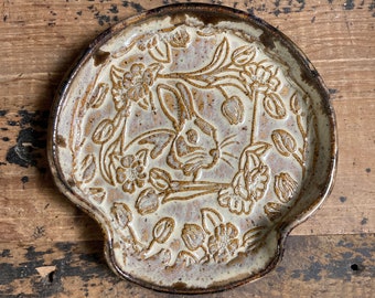 Victorian Bunny Spoon Rest, Rabbit Spoon Rest, Spring Spoon Rest, Soap Dish, wheel thrown spoon rest, handmade kitchen art
