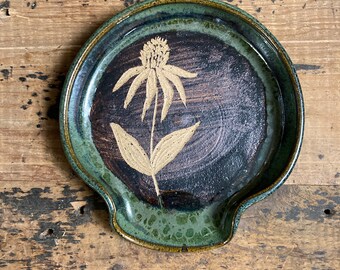 RUSTIC Emerald Echinacea spoon rest, handmade hand carved pottery spoon rest, kitchen art