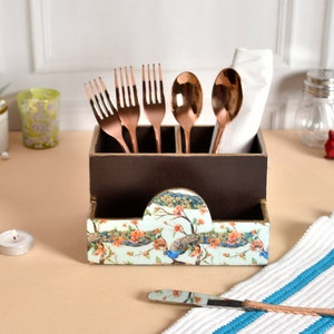 Wedding Favours, Green Hand Painted Cutlery Stand, Cutlery, Salt & Pepper, Tissue Paper Caddy,  Brown Wood Cutlery Holder