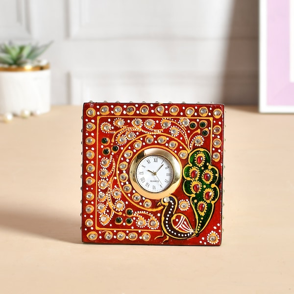 Red Marble Table Clock with Minakari Peacock Work, Indian Artisan Minakari Work, Handcrafted Table Clock, Housewarming Gift, Gift For Women