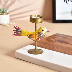 Indian Handmade Wooden Painted Yellow Bird T-Light Table Top Showpiece Home Décor, T-light, Candle Stand, Bird T-Light, Housewarming Gift