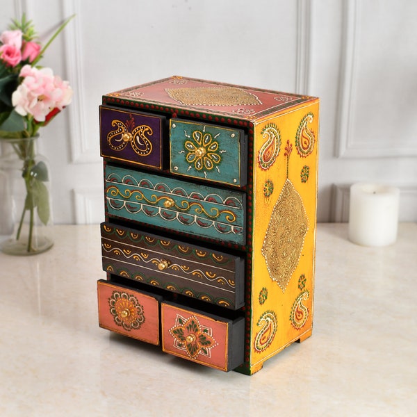 Indian Chest Of 5 Drawers Hand Painted Wooden Jewelry Box Trinket Box Gifts For Girls Boho Style Décor Vintage Office Bedroom Desk Organizer