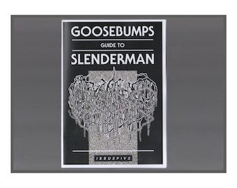 Może przedstawiać: Czarno-biały przewodnik Goosebumps o Slendermanie, numer pięć. Okładka przedstawia stylizowaną ilustrację Slendermana.