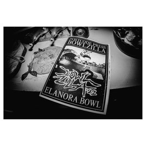 May include: Black and white photo of a flyer for a skateboarding event called "Postcode Press Bowlzilla Elanora Bowl". The flyer features a skateboarder performing a trick in a bowl.