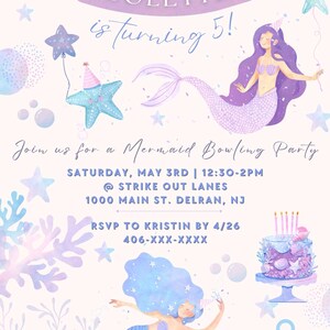 Pode incluir: Convite para uma festa de aniversário com tema de sereia com o texto "COLETTE faz 5 anos!" em uma fonte extravagante. O convite apresenta ilustrações de sereias, estrelas do mar, um bolo e pinos de boliche em cores pastel.
