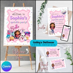 Invitación de cumpleaños de la casa de muñecas de Gabby / Cartel de bienvenida / Plantilla de tarjeta de agradecimiento de Canva - Descarga digital