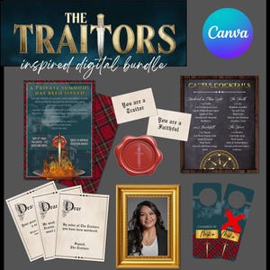 May include: A digital bundle with a murder mystery theme. Includes a banner with "The Traitors" text, a Canva logo, and various game elements like cards, a framed photo, and a cocktail menu. The bundle is designed for a murder mystery party.