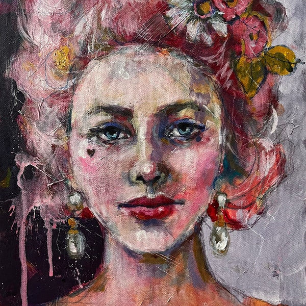 Original, colorful, expressionist portrait painting on stretched canvas: Queen of Hearts