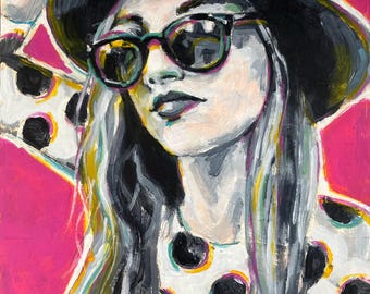May include: A painting of a woman wearing a black hat, sunglasses, and a white shirt with black polka dots. The background is a bright pink color.