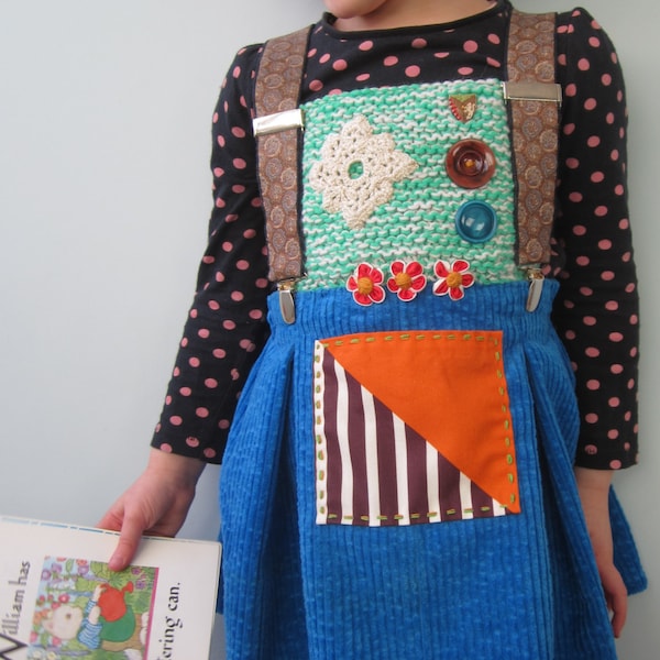 Handmade girls pinafore dress age 4-5 upcycled recycled reclaimed patchwork adorable folk eco bohemian wool wearable art one of a kind