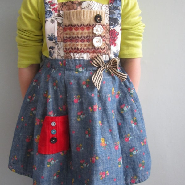 Girls pinafore dress age 3-4+ handmade upcycled one of a kind vintage style recycled refashioned rustic funky folk boho country made in UK