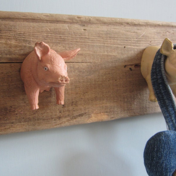 Driftwood Toy Wall Peg Rack Pigs Clothes Hooks modern wall hooks childrens coat hooks rack pegs wall organizer upcycled recycled repurposed