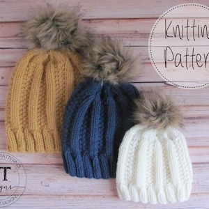 May include: Three knitted hats with faux fur pom poms in mustard yellow, navy blue, and white. The hats are arranged in a row on a wooden background. The text "Knitting Pattern" is written in a circle above the hats.