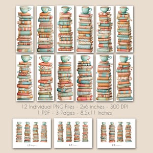 Op de afbeelding: Waterverfillustraties van stapels boeken met theekopjes. De boeken zijn in tinten oranje, blauw en blauwgroen, met patronen op de kaften. De tekst luidt "12 individuele PNG-bestanden - 5,08x15,24 cm - 300 DPI" en "1 PDF - 3 pagina's - 21,59x27,94 cm."
