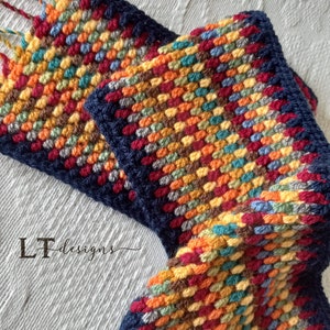 May include: A colorful crocheted scarf with a navy blue border and fringe. The scarf is made with a variety of colors, including red, orange, yellow, green, blue, and brown. The scarf is folded in half and the fringe is visible at the top of the image. The text "LT Designs" is visible in the lower left corner of the image.